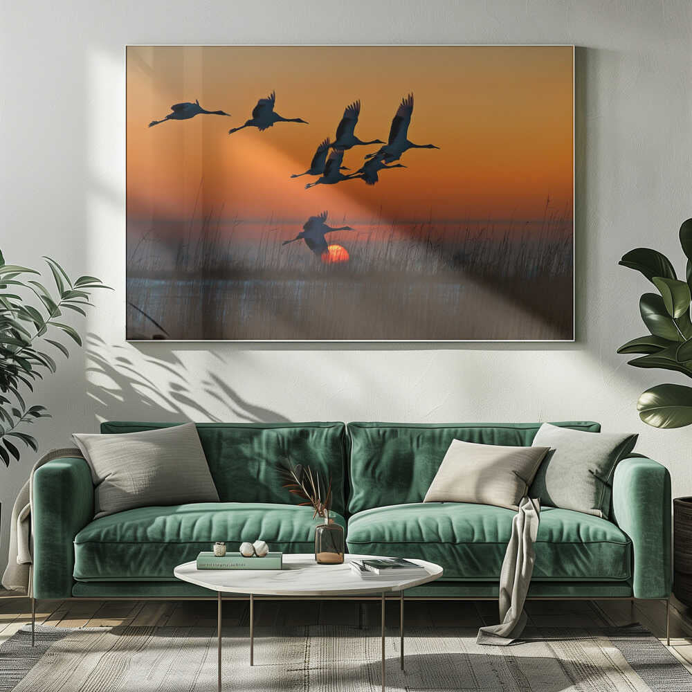 Cranes Flying at Sunset Art Print UK — Dark Moody Calm Wall Art — Living Room — Wall It All Prints