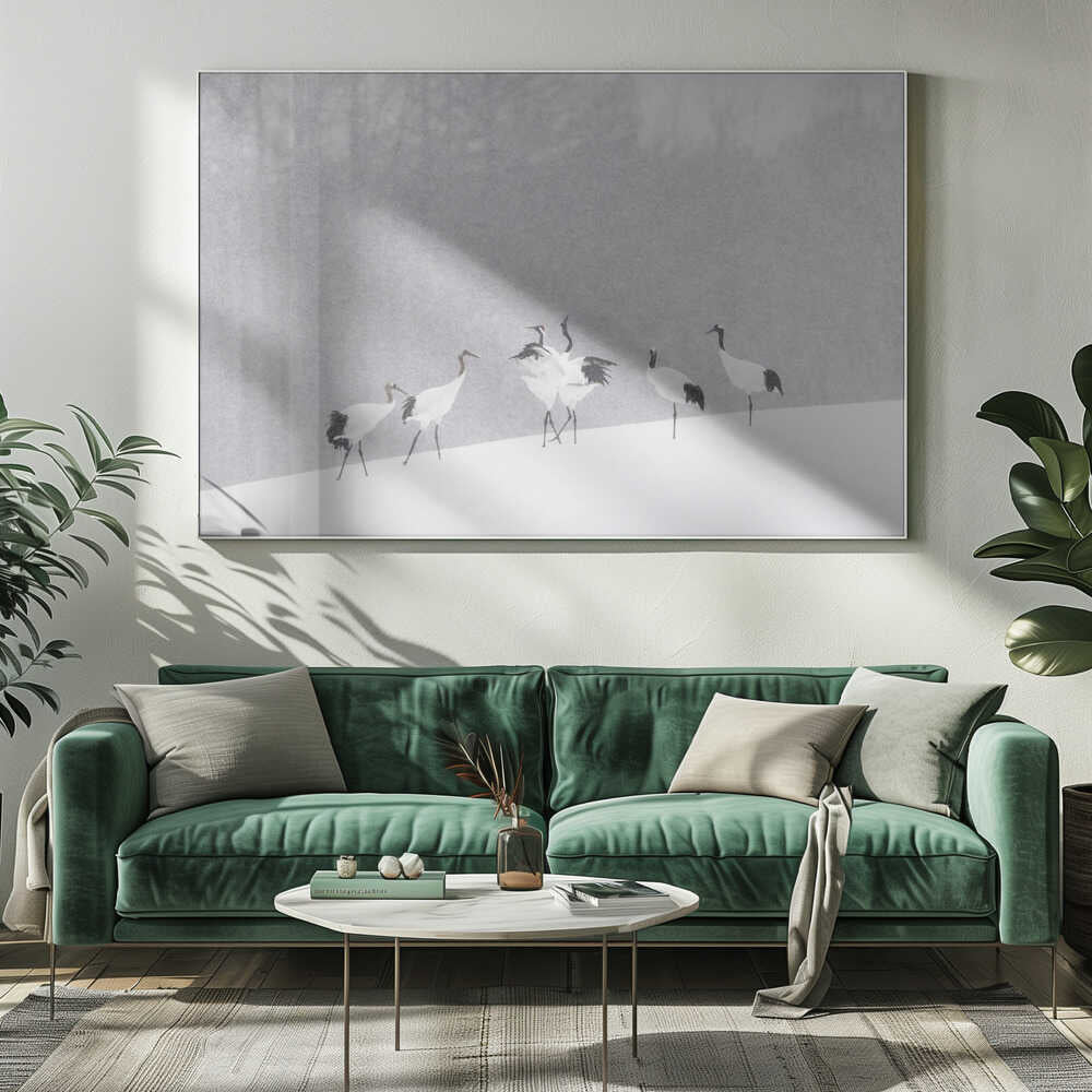 Red-crowned Cranes Snowfall Art Print UK — Japanese Calm Wall Art — Living Room — Wall It All Prints