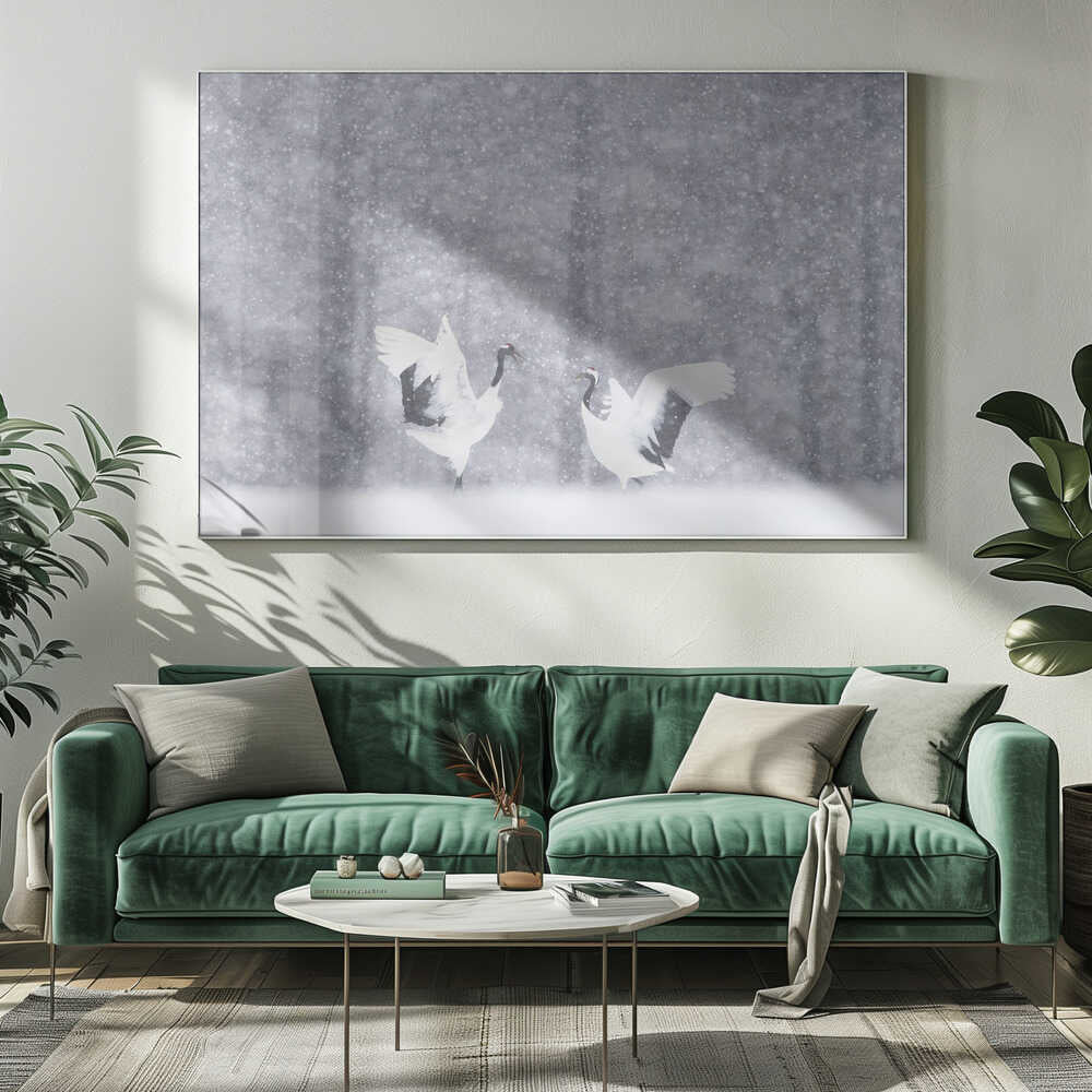 Snowy Crane Dance Art Print UK — Landscape Calm Wall Art — Living Room — Wall It All Prints