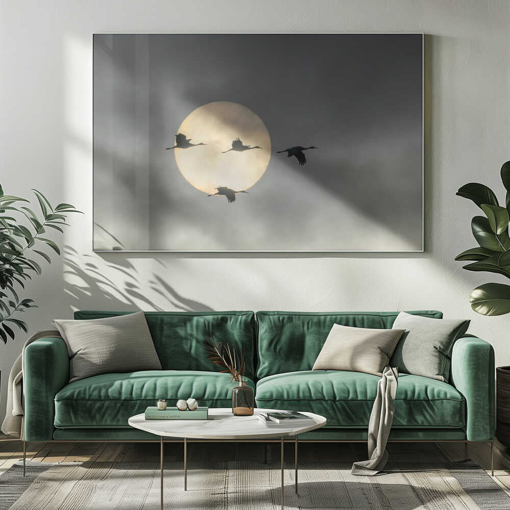 Flying Cranes Sun Art Print UK — Dark Moody Calm Wall Art — Living Room — Wall It All Prints