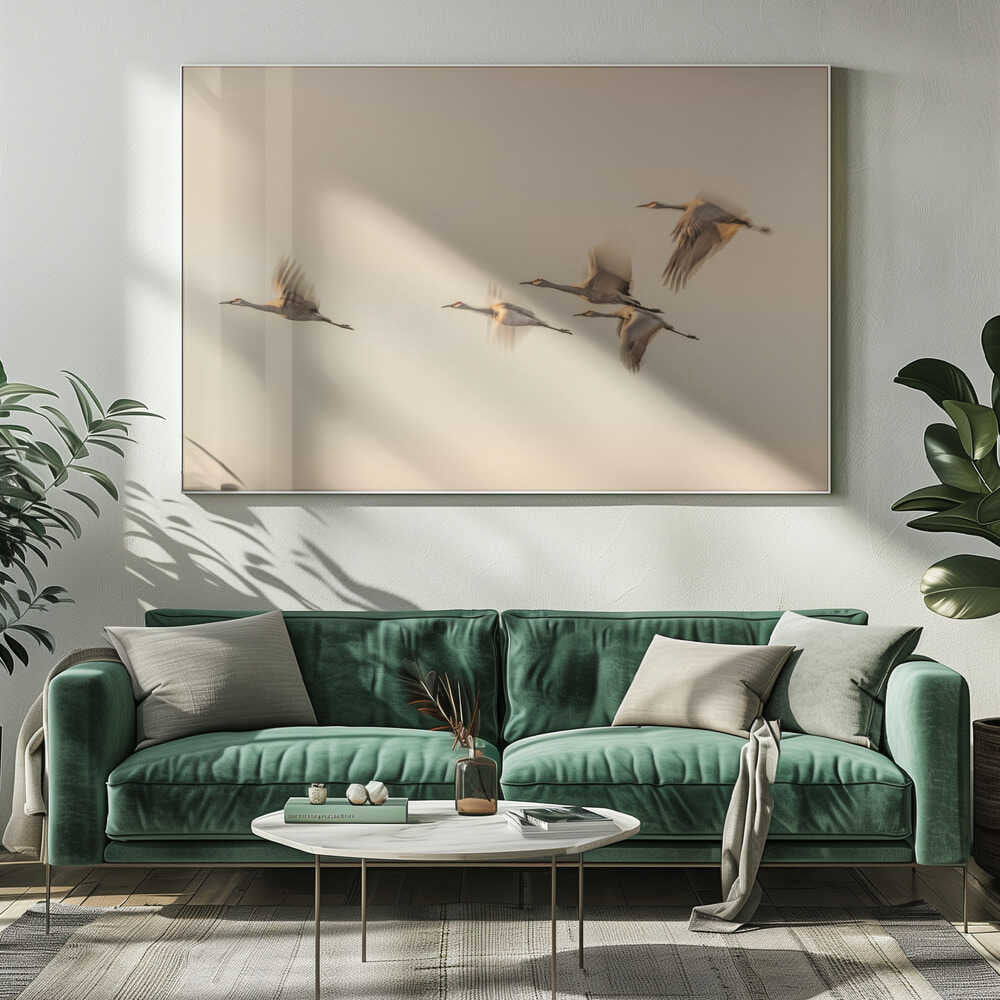 Cranes In Golden Flight Art Print UK — Animal Calm Wall Art — Living Room — Wall It All Prints