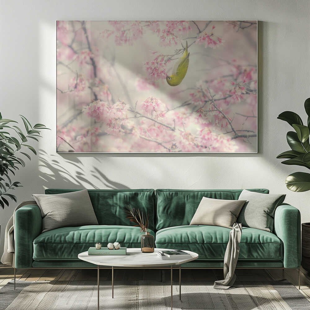 Green Bird Pink Blossoms Art Print UK — Japanese Vibrant Wall Art — Living Room — Wall It All Prints