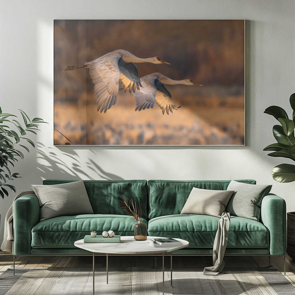 Graceful Cranes in Flight Art Print UK — Landscape Calm Wall Art — Living Room — Wall It All Prints