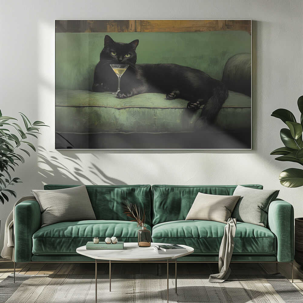 Resting Cat Green Sofa Martini 001 Art Print UK — Animal Dark Wall Art — Living Room — Wall It All Prints