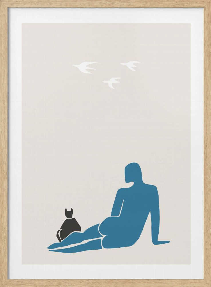Blue Figure Black Cat Art Print UK — Abstract Calm Wall Art — Bedroom — Wall It All Prints