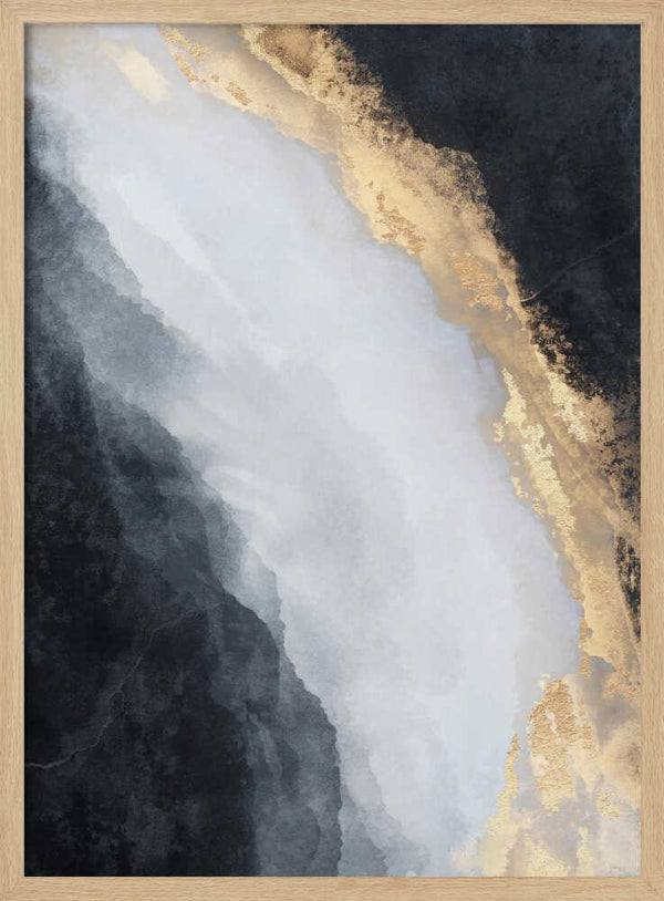 Golden Black Flow abstract wall art print in a natural light wood frame