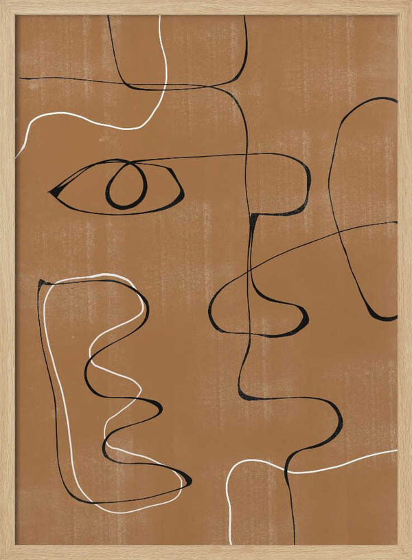 Whimsical Lines minimalist line art print in a natural light wood frame