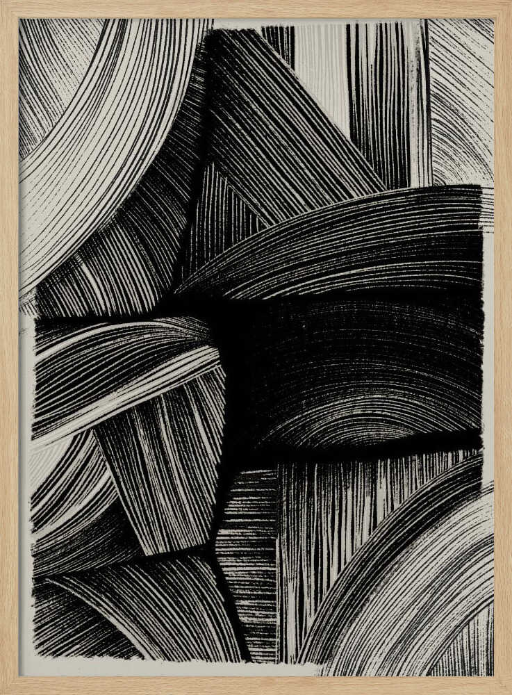 Curved Line Symphony abstract wall art print in a natural light wood frame