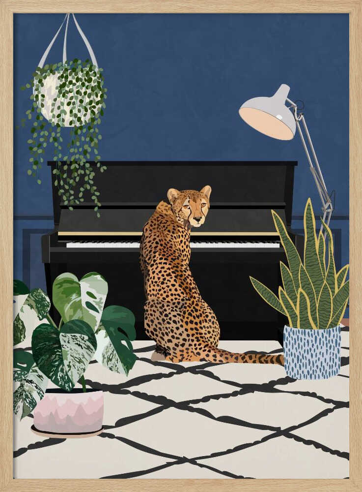 Cheetah By The Piano Art Print UK — Botanical Vibrant Wall Art — Living Room — Wall It All Prints
