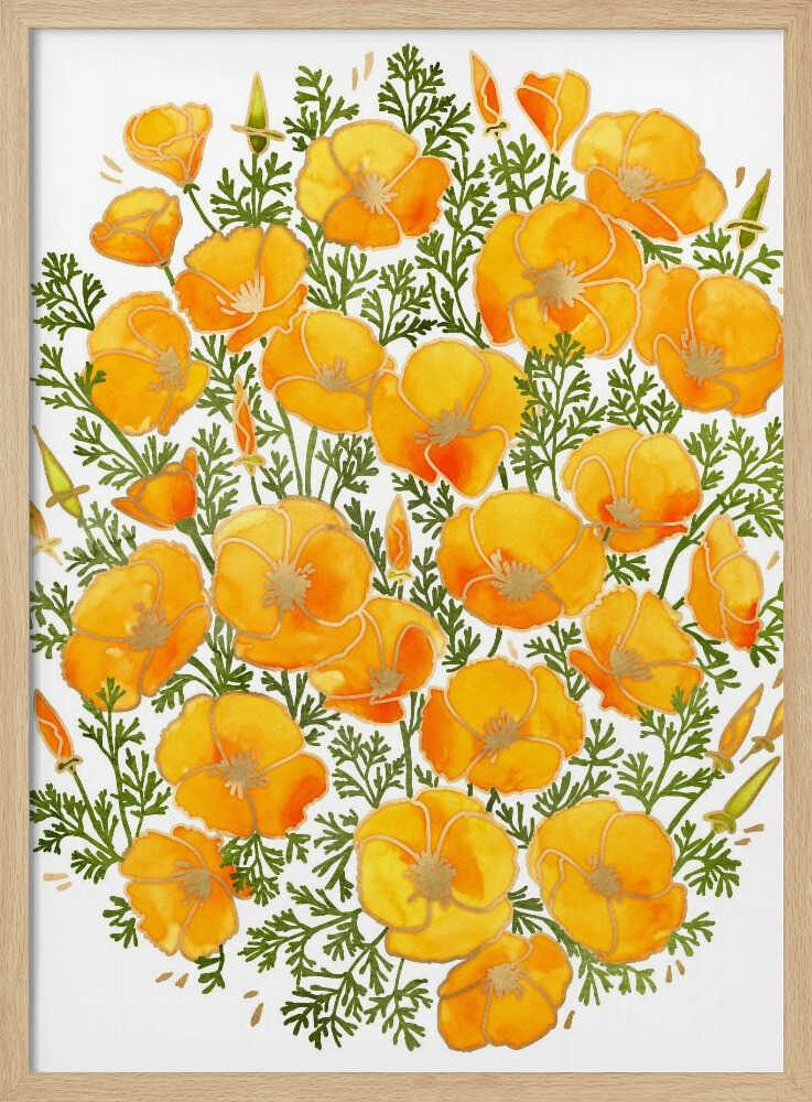 Golden Poppy Blooms Art Print UK — Botanical Vibrant Wall Art — Living Room — Wall It All Prints