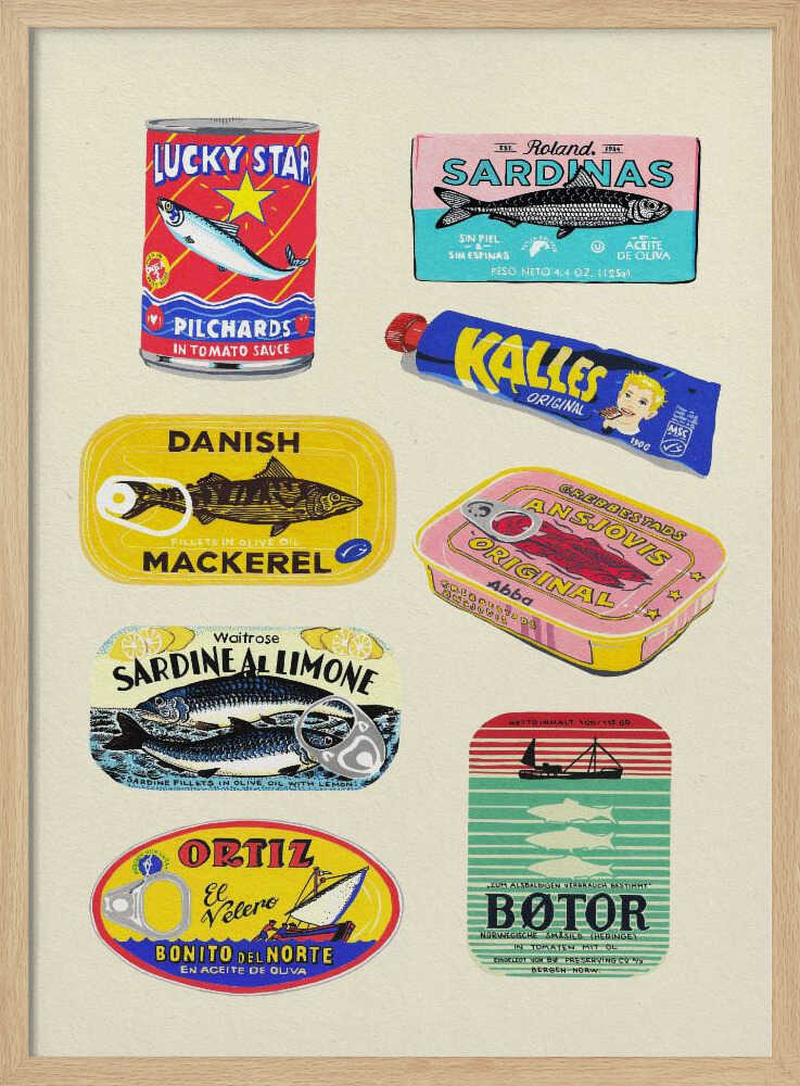 Vintage Seafood Cans Art Print UK — Abstract Vibrant Wall Art — Kitchen — Wall It All Prints