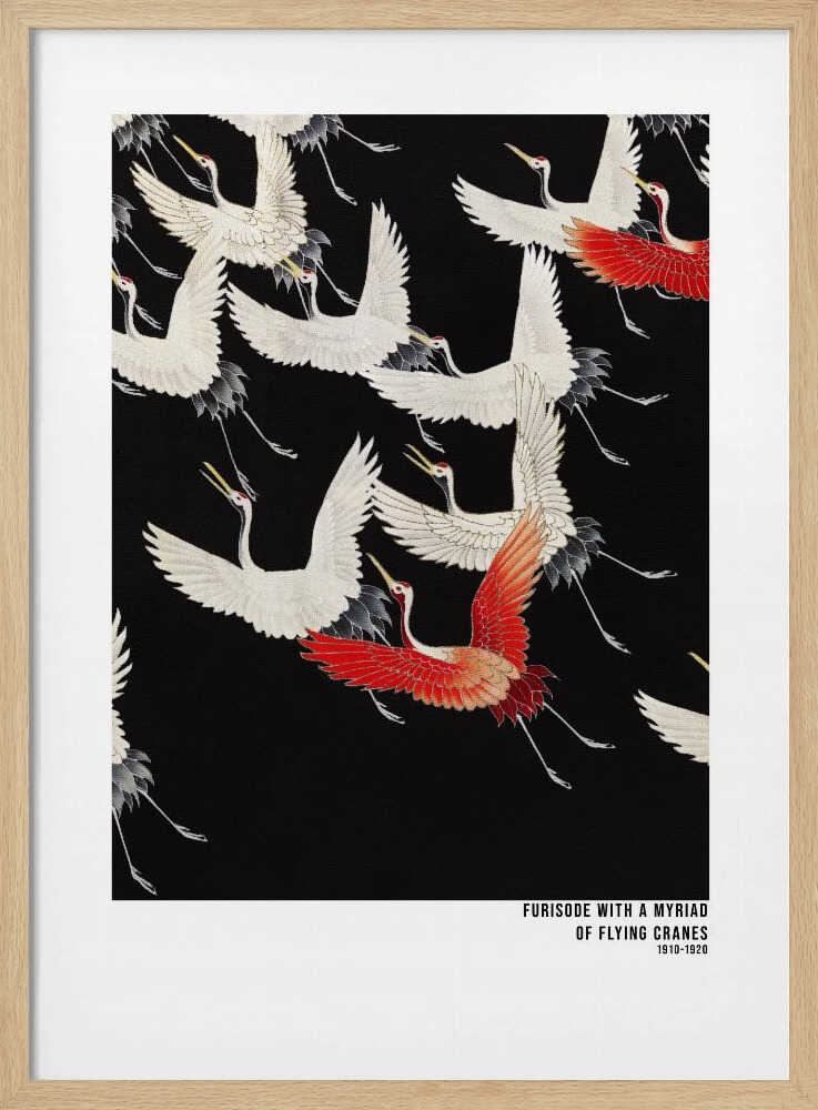 Furisode With a Myriad of Flying Cranes (1910–1920)   Japanese Art Print UK — Japanese Dark Wall Art — Living Room — Wall...