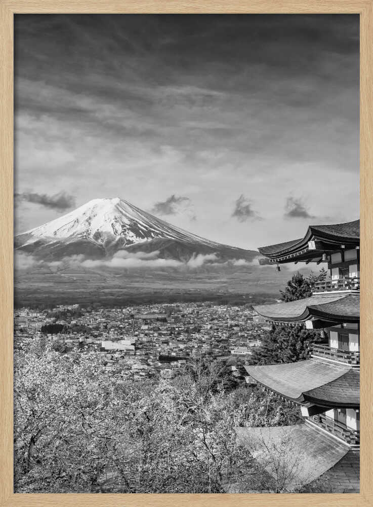 Iconic Fuji Pagoda Blossoms Art Print UK — Japanese Dark Wall Art — Living Room — Wall It All Prints