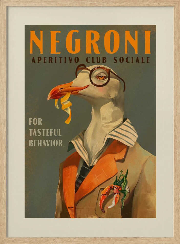 Vintage Art Deco Negroni Poster Of A Fancy Seagull Art Print UK — Vintage Elegant Wall Art — Living Room — Wall It All Prints