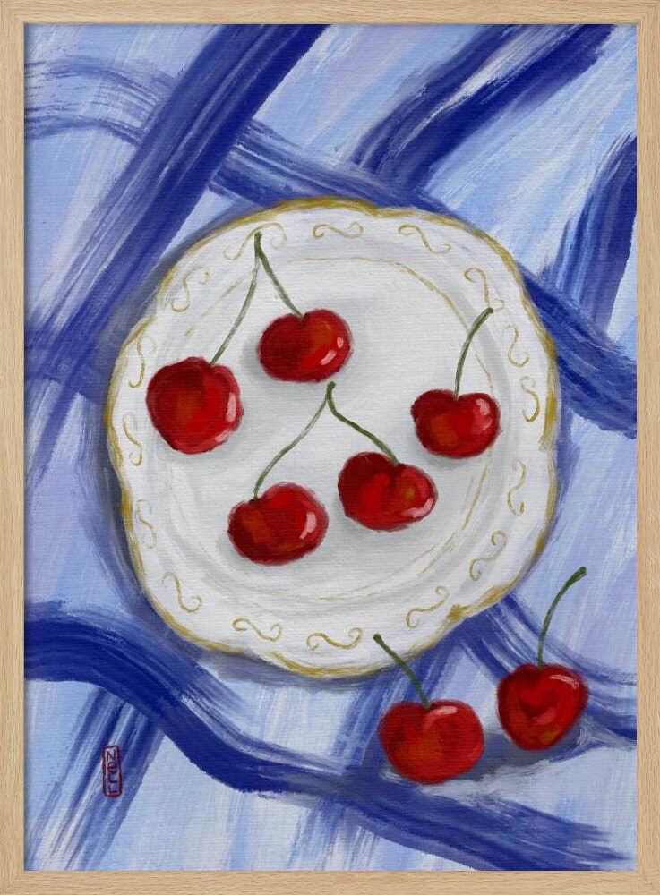 Red Cherries Blue Table Art Print UK — Food Vibrant Wall Art — Kitchen — Wall It All Prints