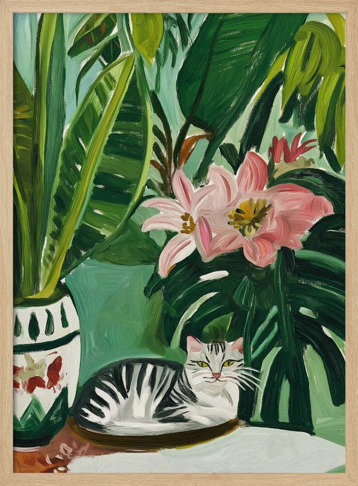 Tropical Cat and Flowers Art Print UK — Botanical Vibrant Wall Art — Bedroom — Wall It All Prints