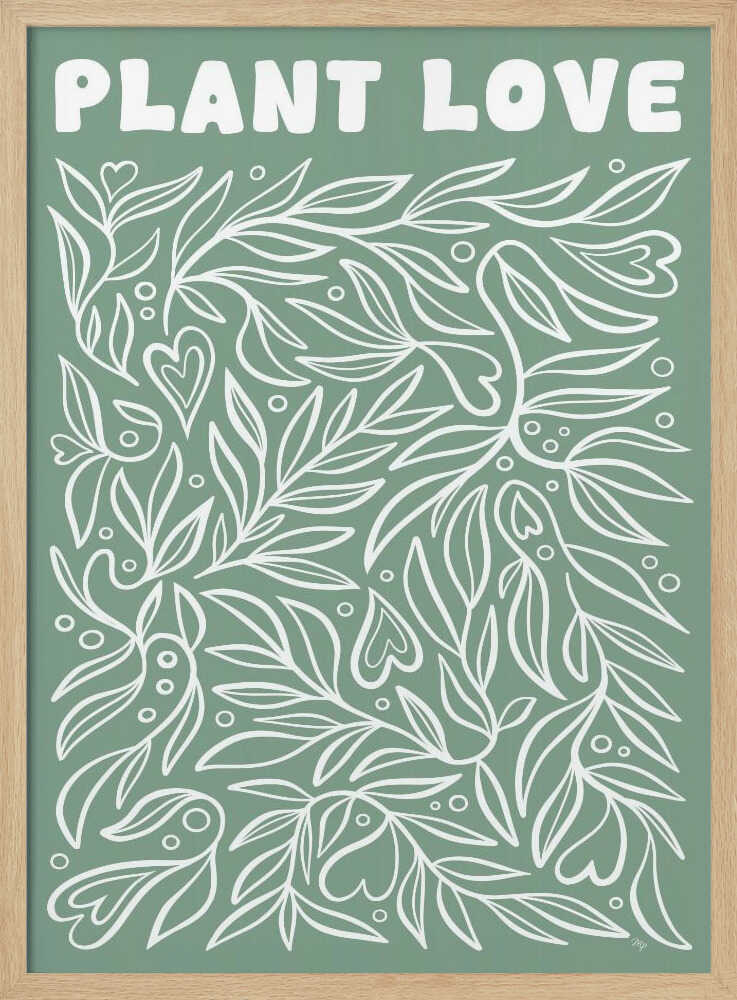 Sage green leaves forming heart shapes, botanical wall art print for office or bedroom.