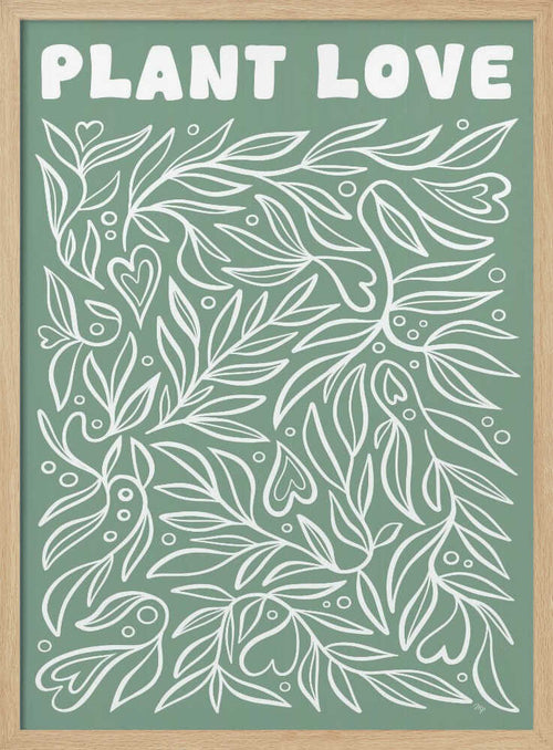 Sage green leaves forming heart shapes, botanical wall art print for office or bedroom.