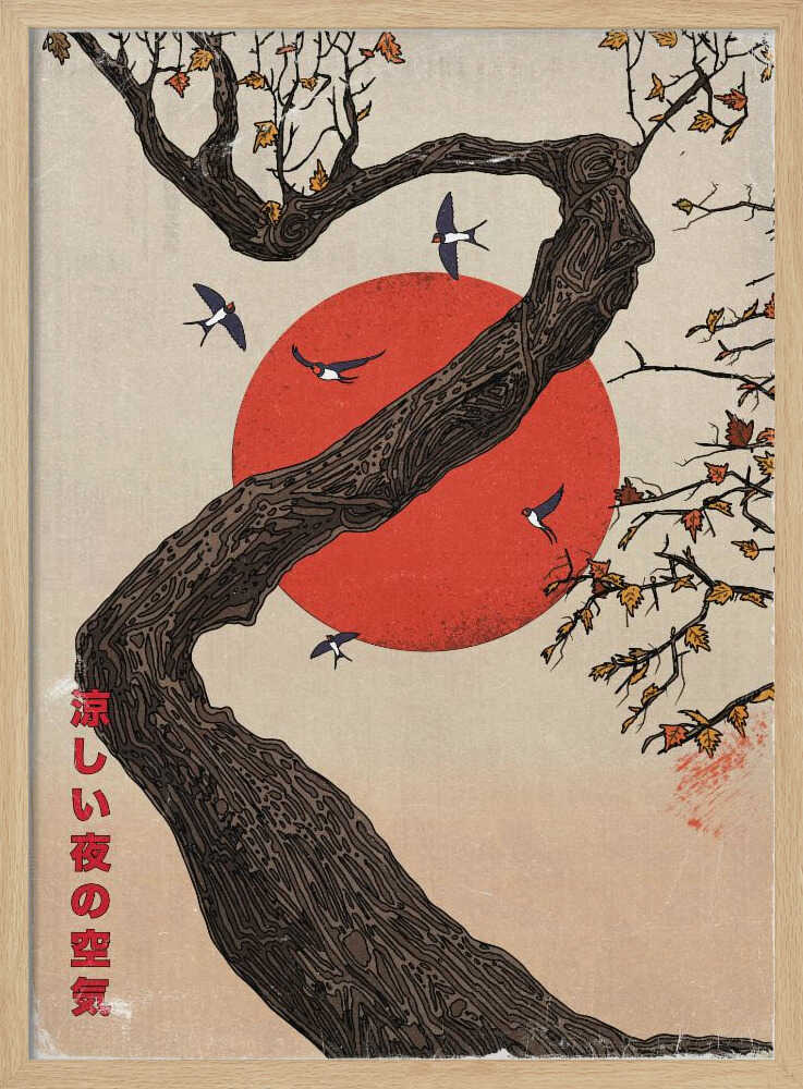 Red Sun Tree Swallows Art Print UK — Japanese Calm Wall Art — Office — Wall It All Prints