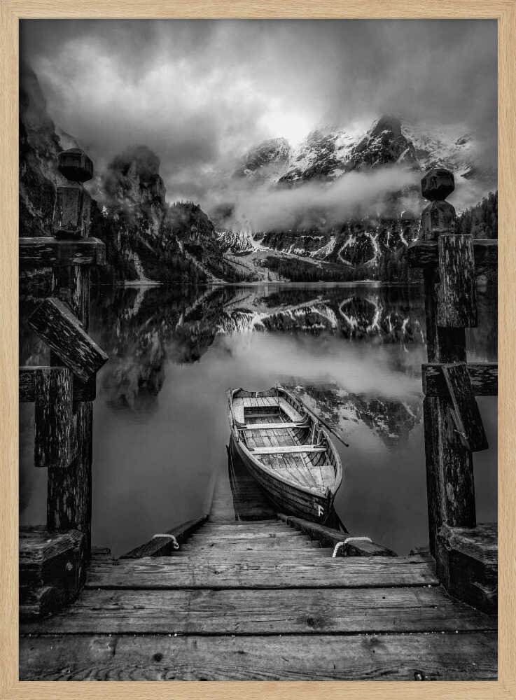 Misty Mountain Lake Boat Art Print UK — Dark Moody Calm Wall Art — Bedroom — Wall It All Prints