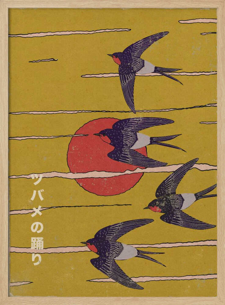 Flying Swallows and Sun Art Print UK — Japanese Vibrant Wall Art — Living Room — Wall It All Prints