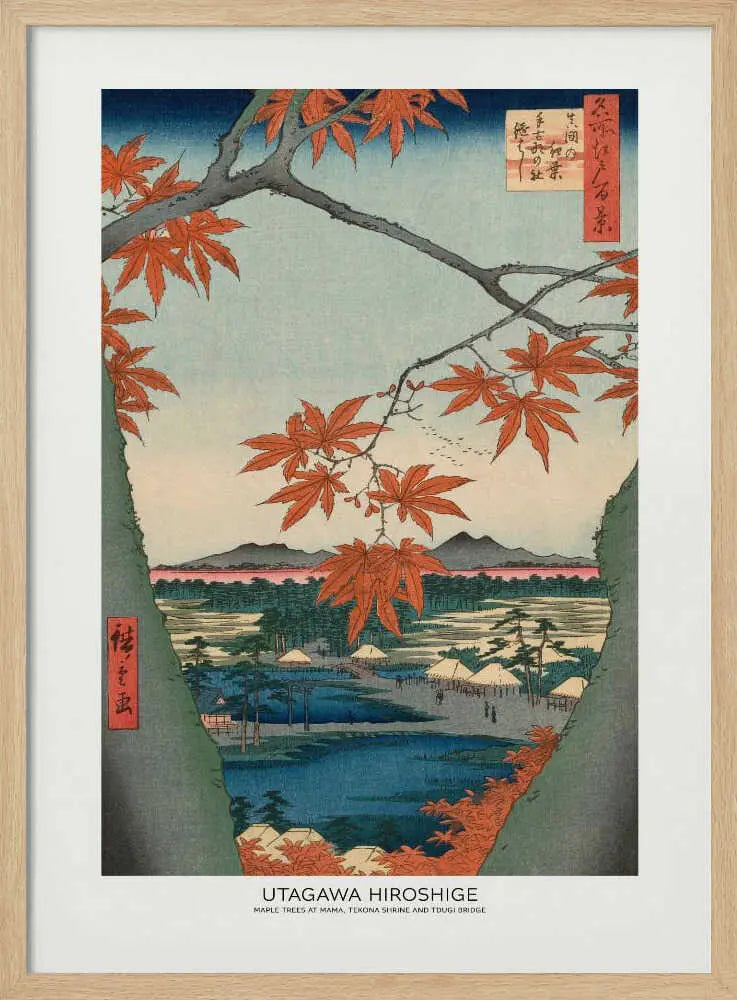 Maple Trees At Mama, Tekona Shrine and Tdugi Bridge Utagawa Hiroshige