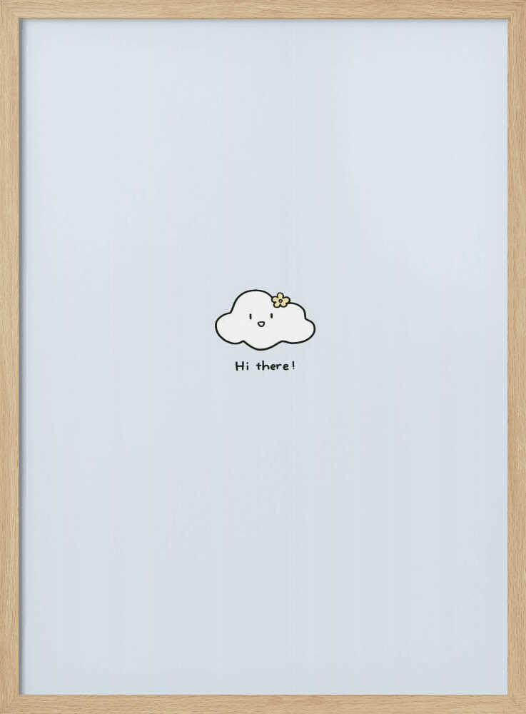 Smiling cloud character waving hello in soft blue and white tones, nursery wall art print.