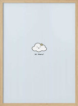 Smiling cloud character waving hello in soft blue and white tones, nursery wall art print.