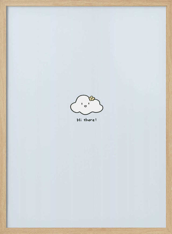 Smiling cloud character waving hello in soft blue and white tones, nursery wall art print.