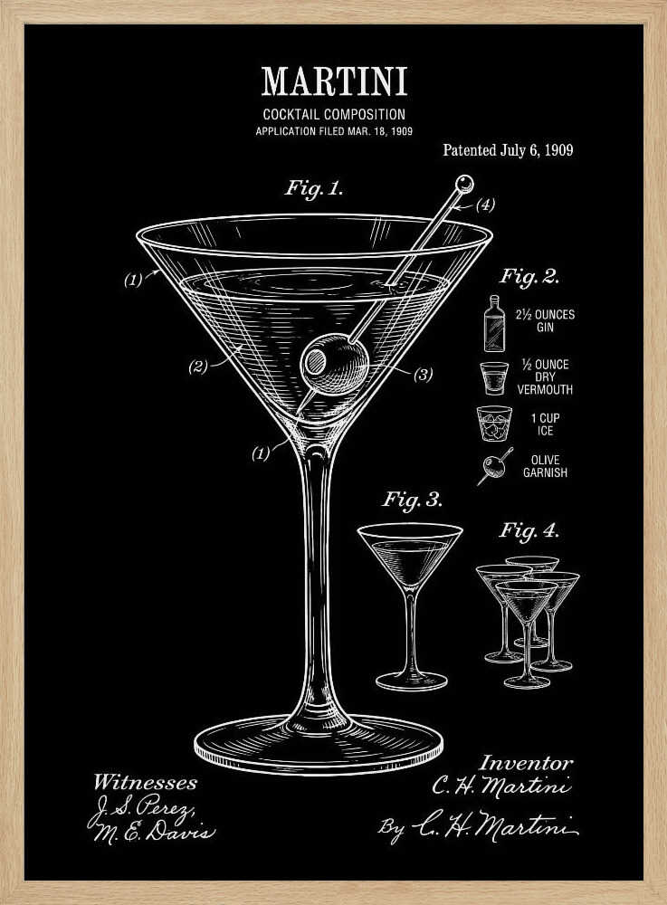 Classic Martini Patent Drawing Art Print UK — Vintage Dark Wall Art — Kitchen — Wall It All Prints