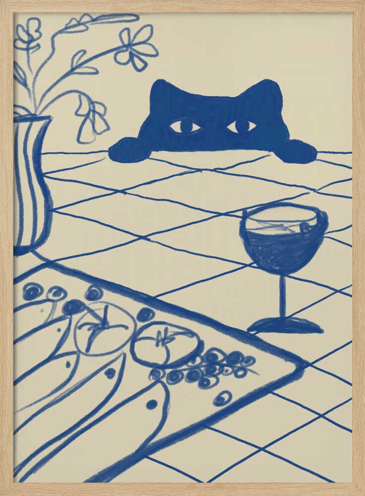 Curious Blue Cat Dinner Art Print UK — Botanical Vibrant Wall Art — Kitchen — Wall It All Prints