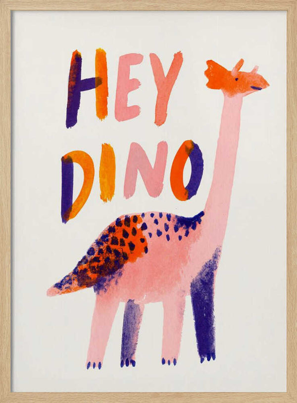 Friendly long-necked dinosaur in bold, colourful brushstrokes, dinosaur nursery wall art print.