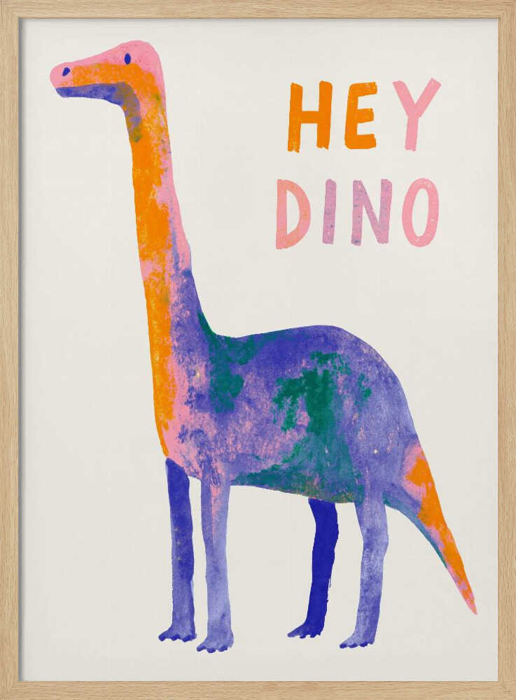 Long-necked brachiosaurus in soft pastel and vibrant tones, dinosaur nursery wall art print.