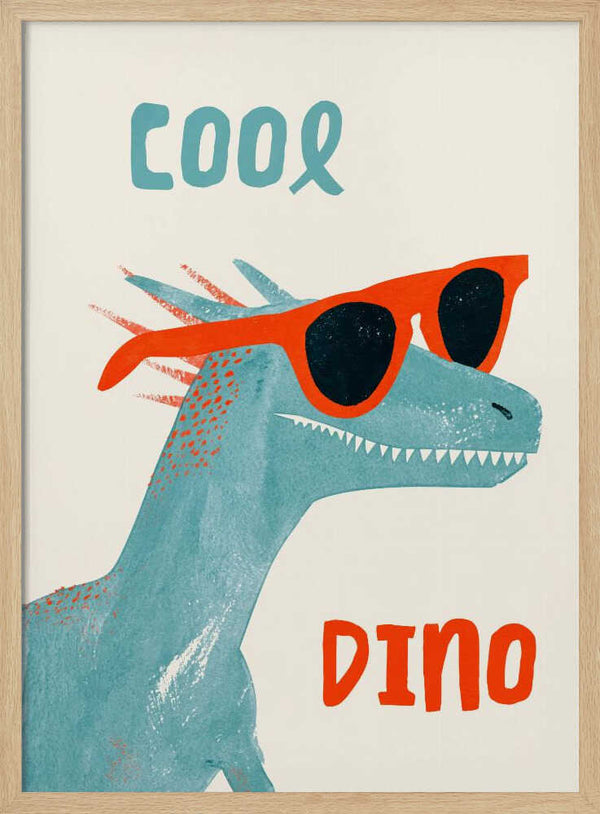 Blue velociraptor wearing red sunglasses, dinosaur nursery wall art print.