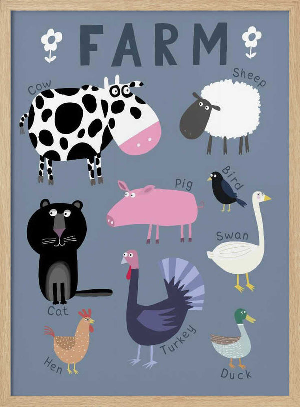 Gentle illustrated collection of cows, pigs, sheep and swans, animal nursery wall art print.