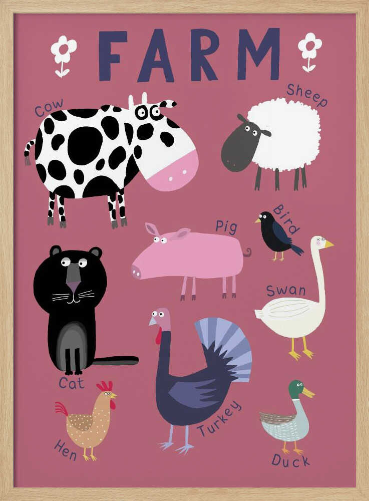 Colourful collection of cows, pigs, sheep, ducks and hens, animal nursery wall art print.