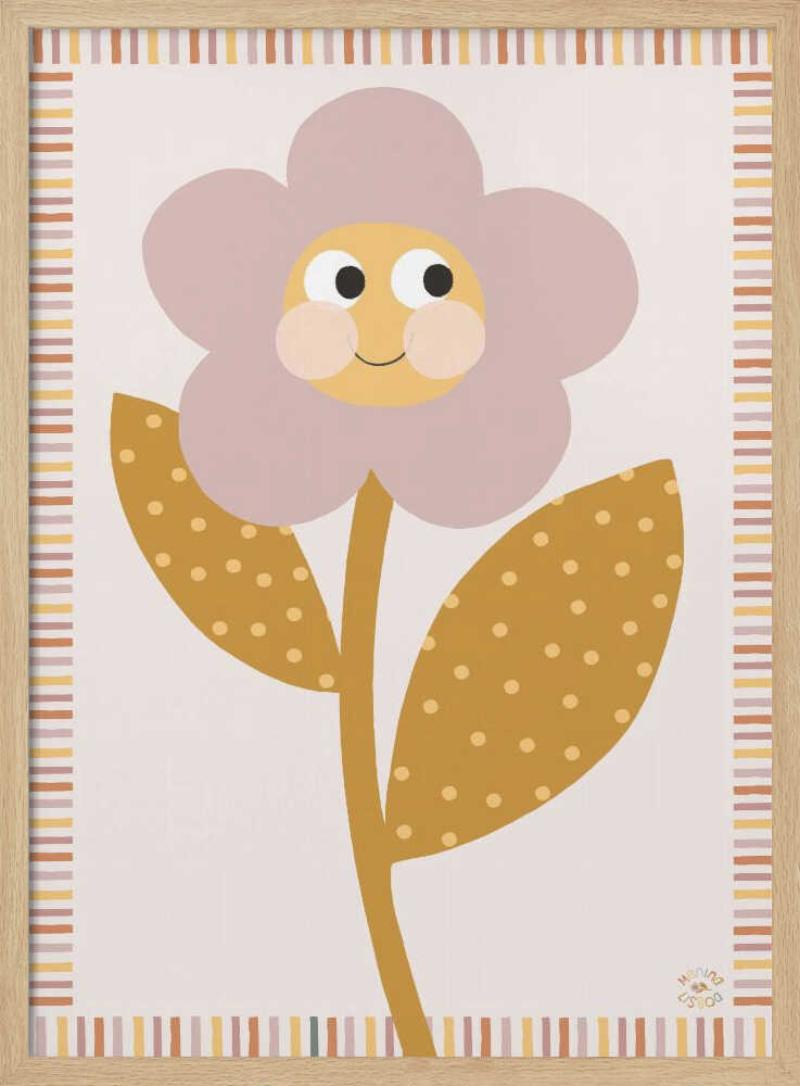 Smiling flower character with a happy face and polka dot details, floral nursery wall art print.
