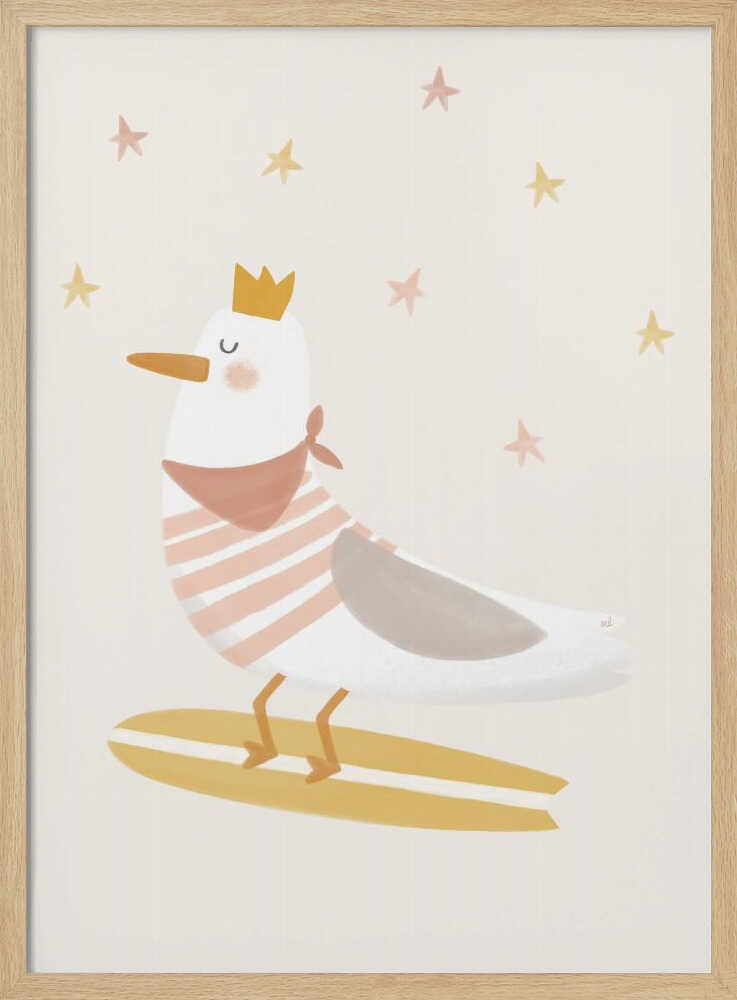 Sleepy seagull wearing a crown and bandana resting on a surfboard, bird nursery wall art print.