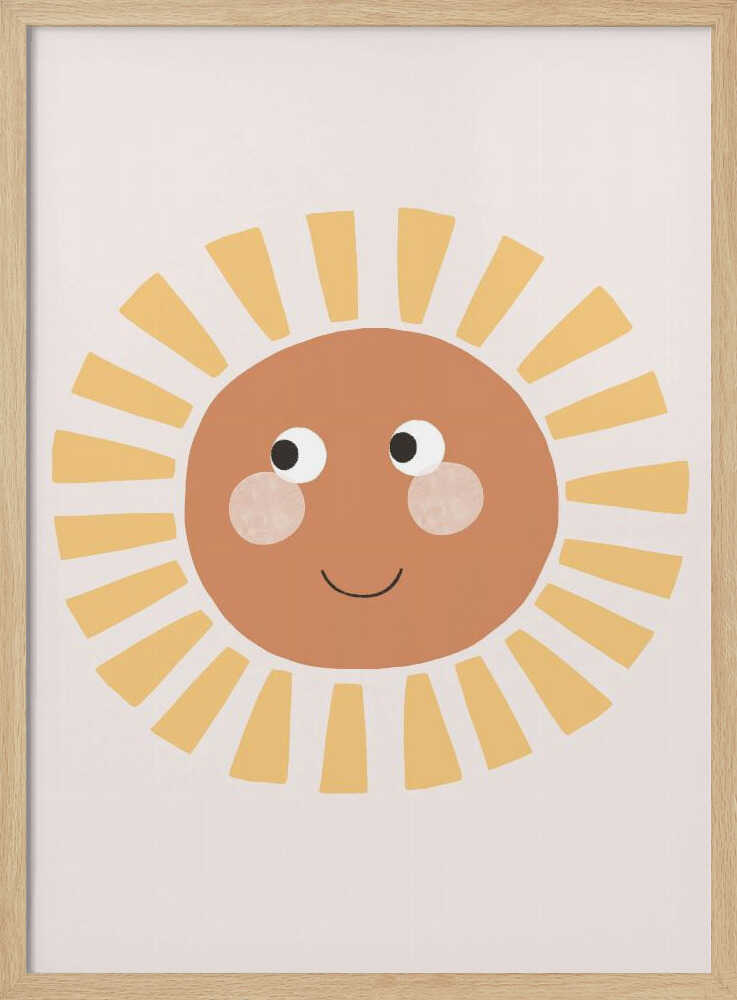 Cheerful sun face with rosy cheeks and soft rays, boho nursery wall art print.