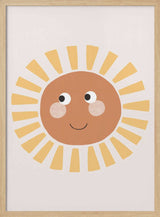 Cheerful sun face with rosy cheeks and soft rays, boho nursery wall art print.