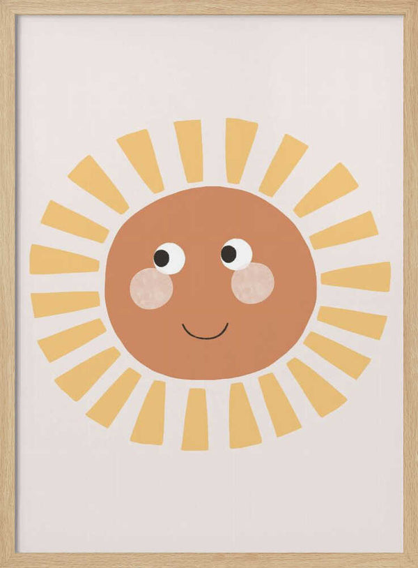 Cheerful sun face with rosy cheeks and soft rays, boho nursery wall art print.