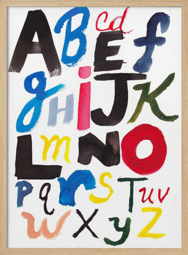 Expressive hand-painted brushstroke letterforms in bright primary colours, alphabet nursery print.