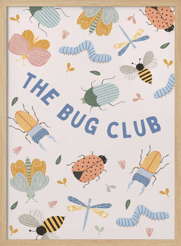Colourful garden bugs including bees, butterflies and ladybugs, animal nursery wall art print.
