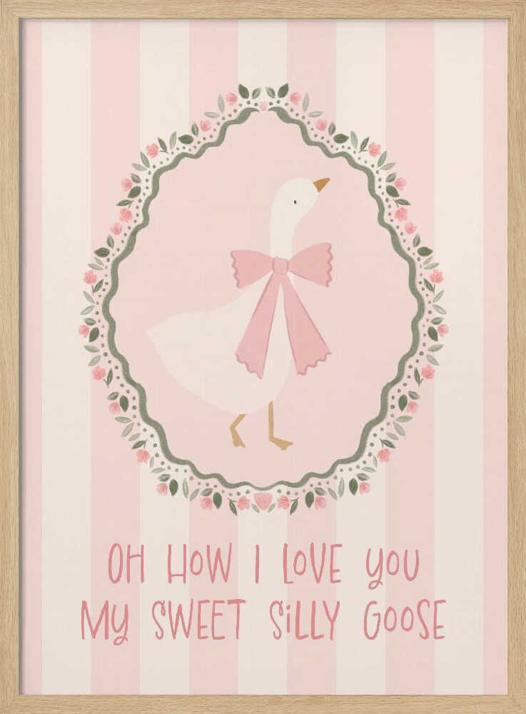 Illustrated goose with a pink bow framed by a rose wreath, bird nursery wall art print.