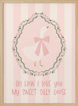 Illustrated goose with a pink bow framed by a rose wreath, bird nursery wall art print.