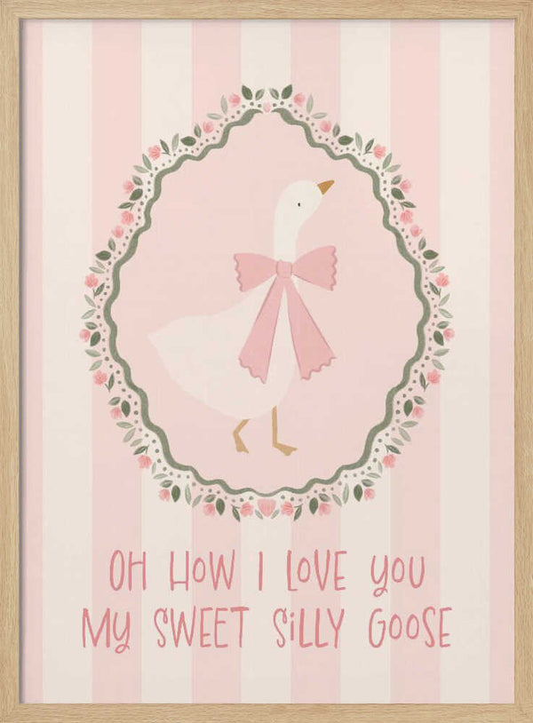 Illustrated goose with a pink bow framed by a rose wreath, bird nursery wall art print.