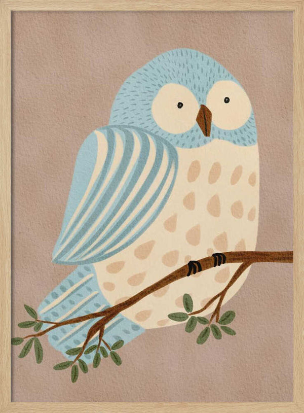 Perched blue and cream owl illustration among branches and leaves, bird nursery wall art print.