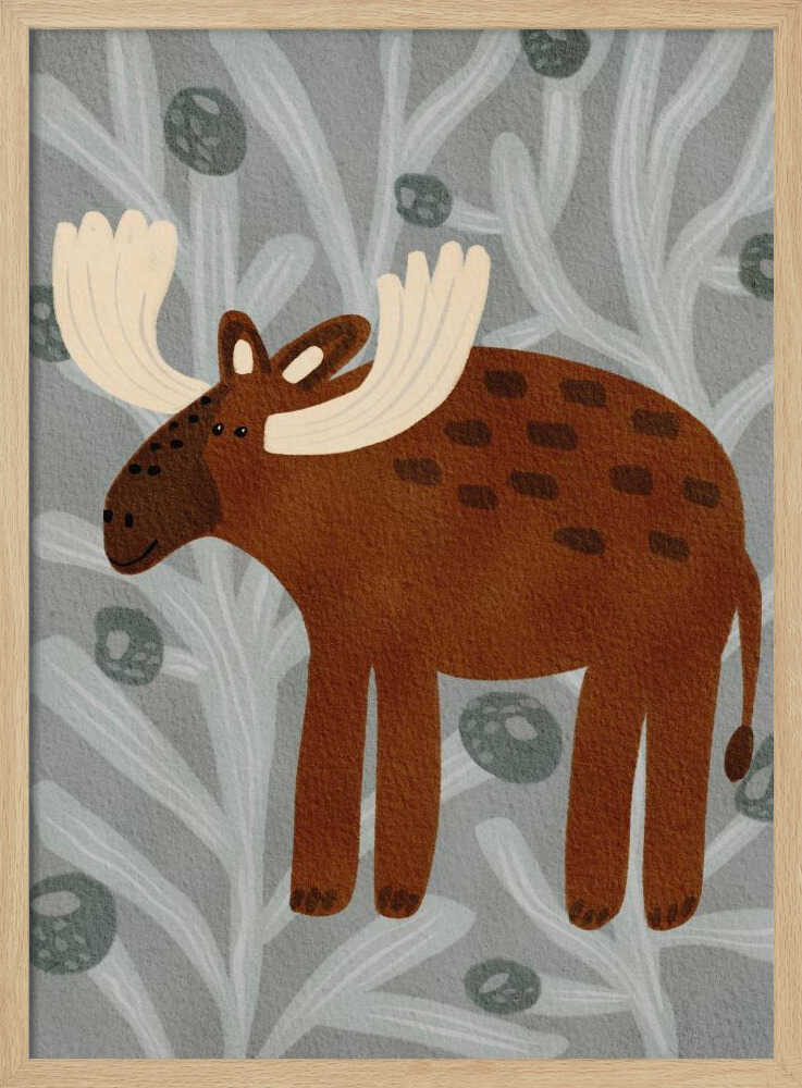 Brown moose illustration with large antlers on a neutral grey background, woodland nursery wall art print.