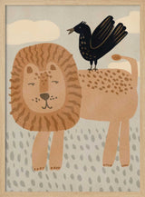 Illustrated lion and small bird against a soft cloudy backdrop, safari nursery wall art print.