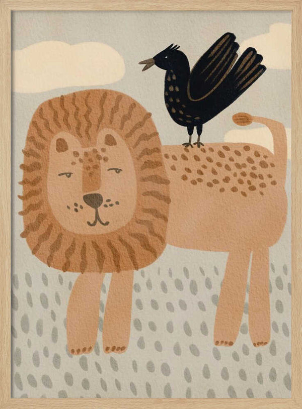 Illustrated lion and small bird against a soft cloudy backdrop, safari nursery wall art print.